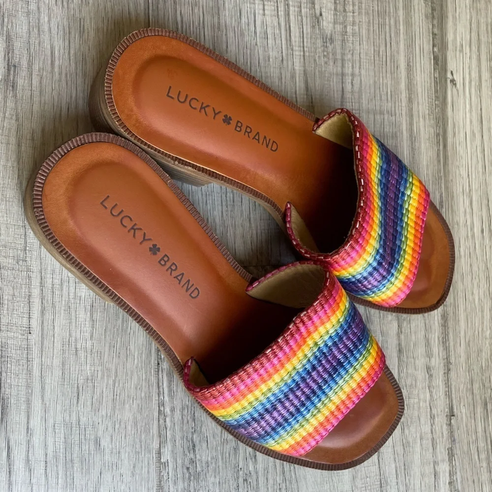 Lucky Brand Rainbow Color Woven Slide Sandals Stacked Heel Open Toe SZ 5.5
